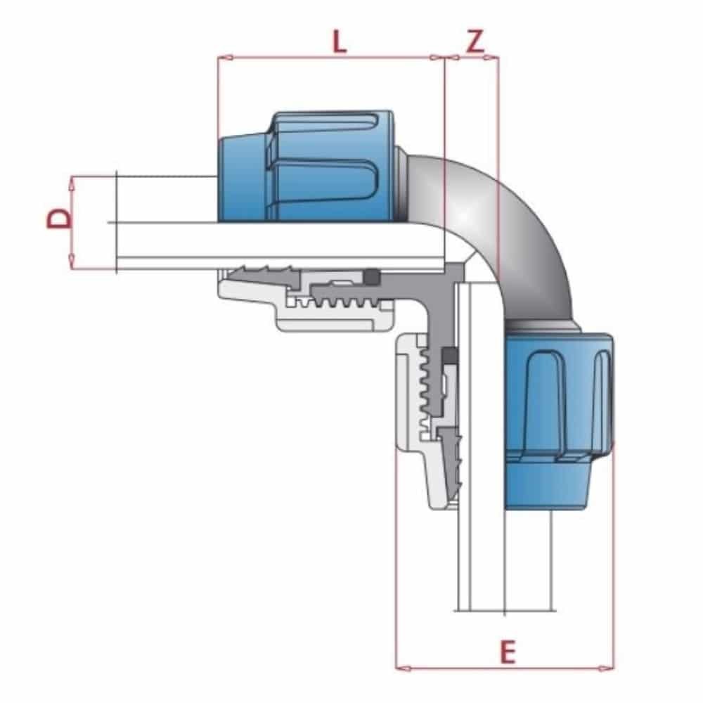 PP PE тръбна връзка 90° ъгъл 2 връзки 16 x 16-0