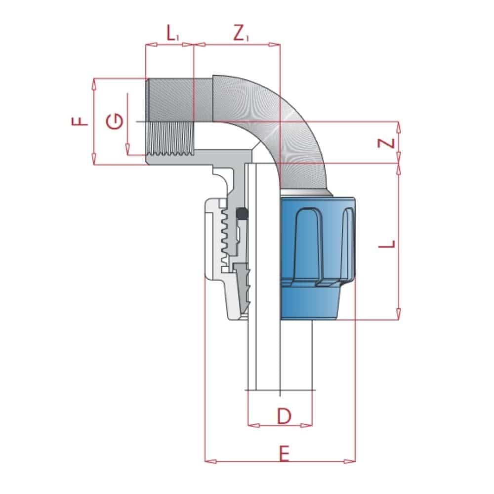 PP PE тръбна връзка 90° ъгъл 20 x 1/2" IG-0