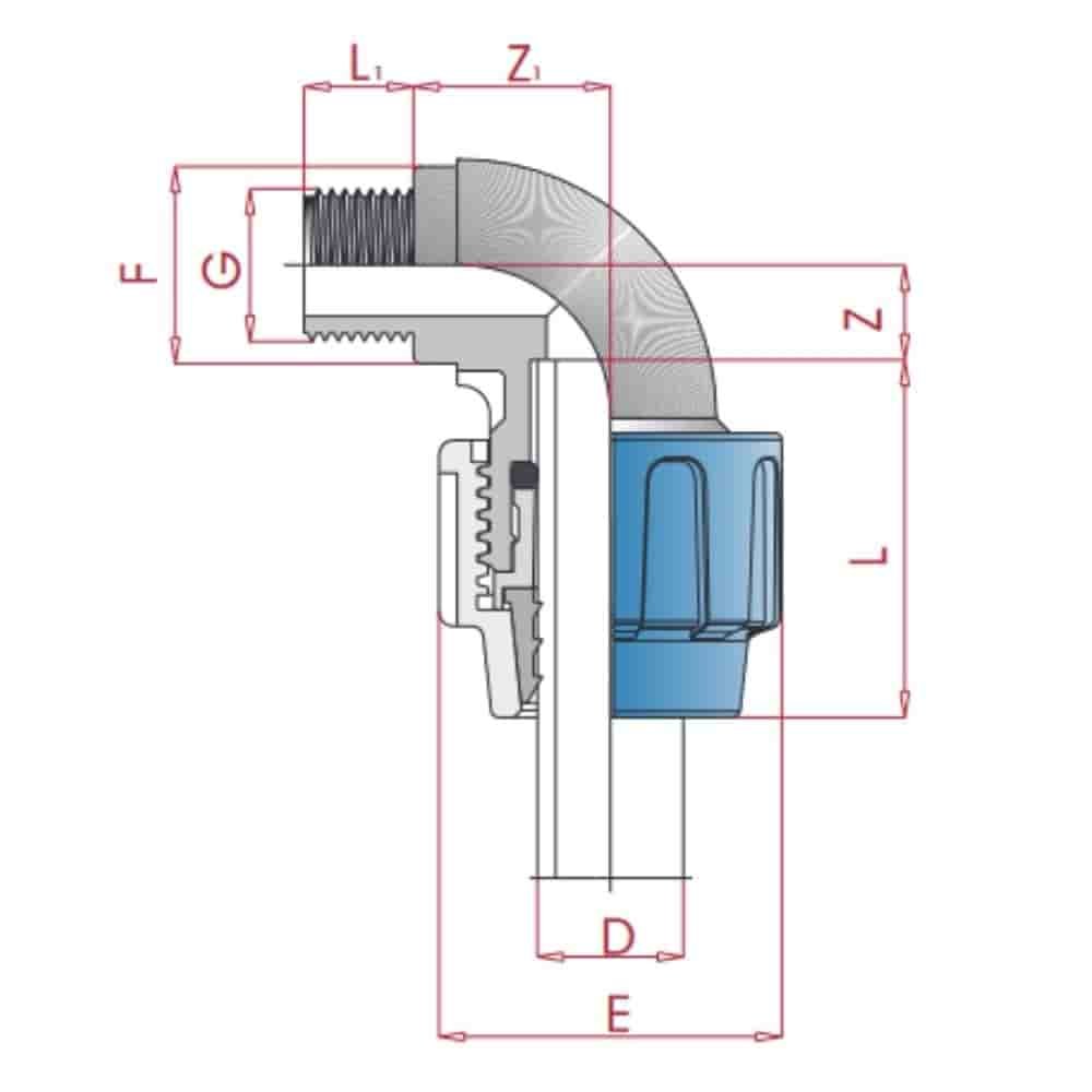 PP PE тръбна връзка 90° ъгъл 25 x 3/4" AG-0