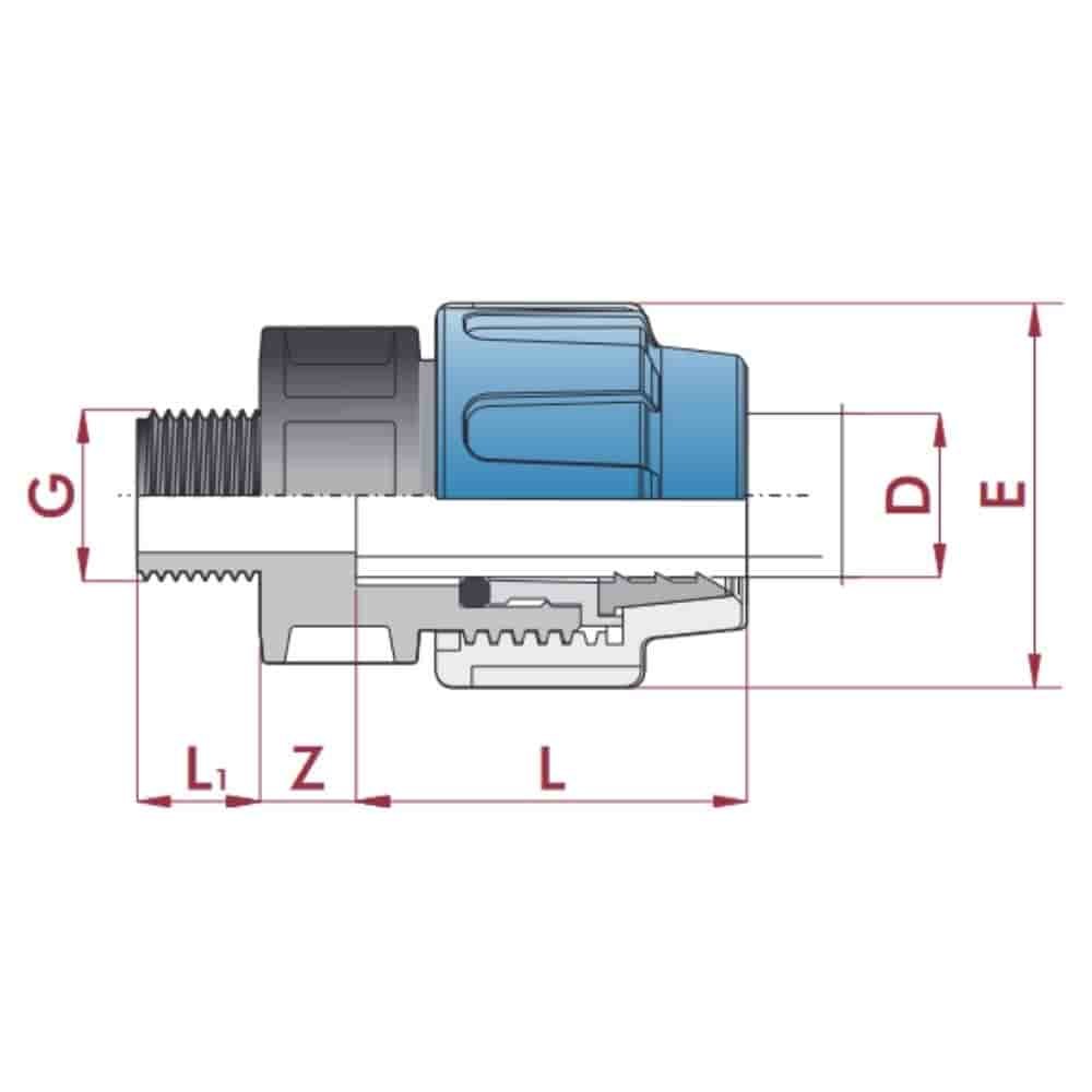 PP PE тръбна връзка съединител 25 x 1/2" AG-0