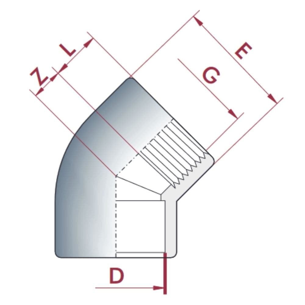 PVC-U 45°Ъглова муфа x IG 40 mm x 1 1/4" PN10-0