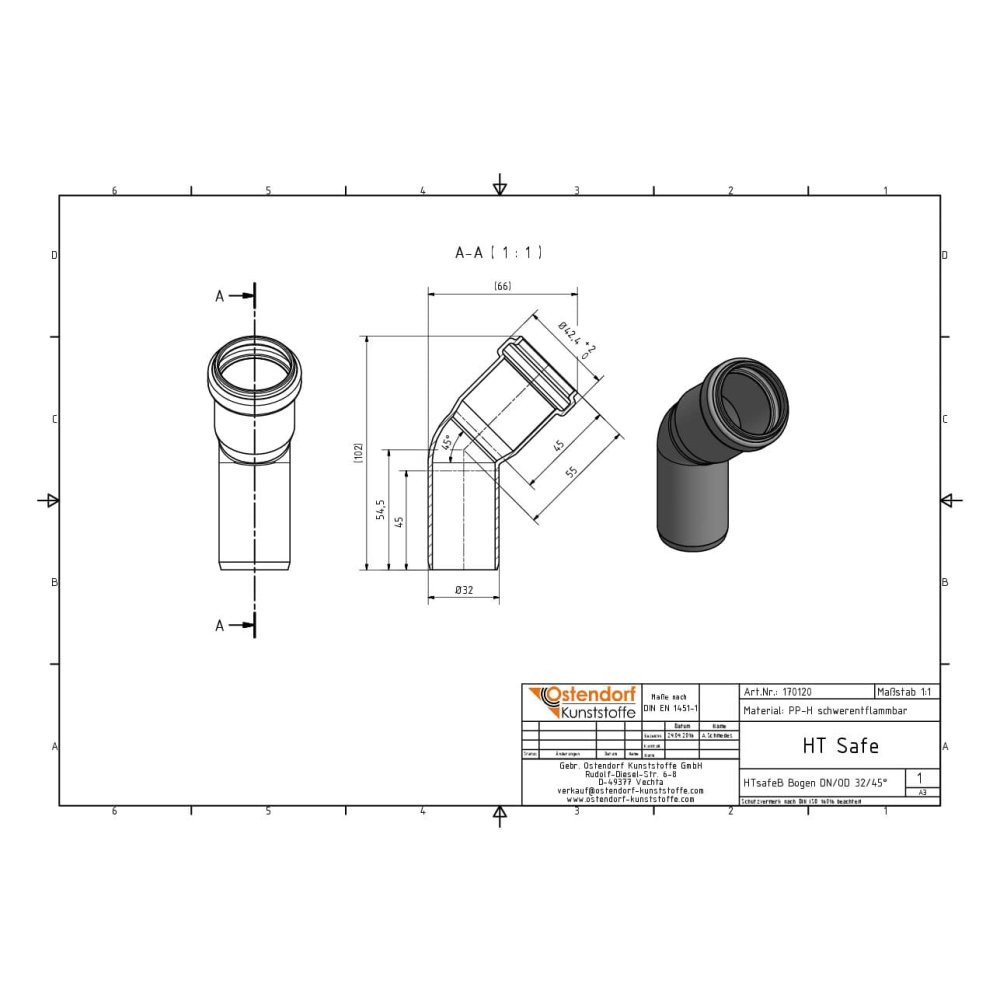 HTsafeB коляно DN/OD 32 45 градуса-1