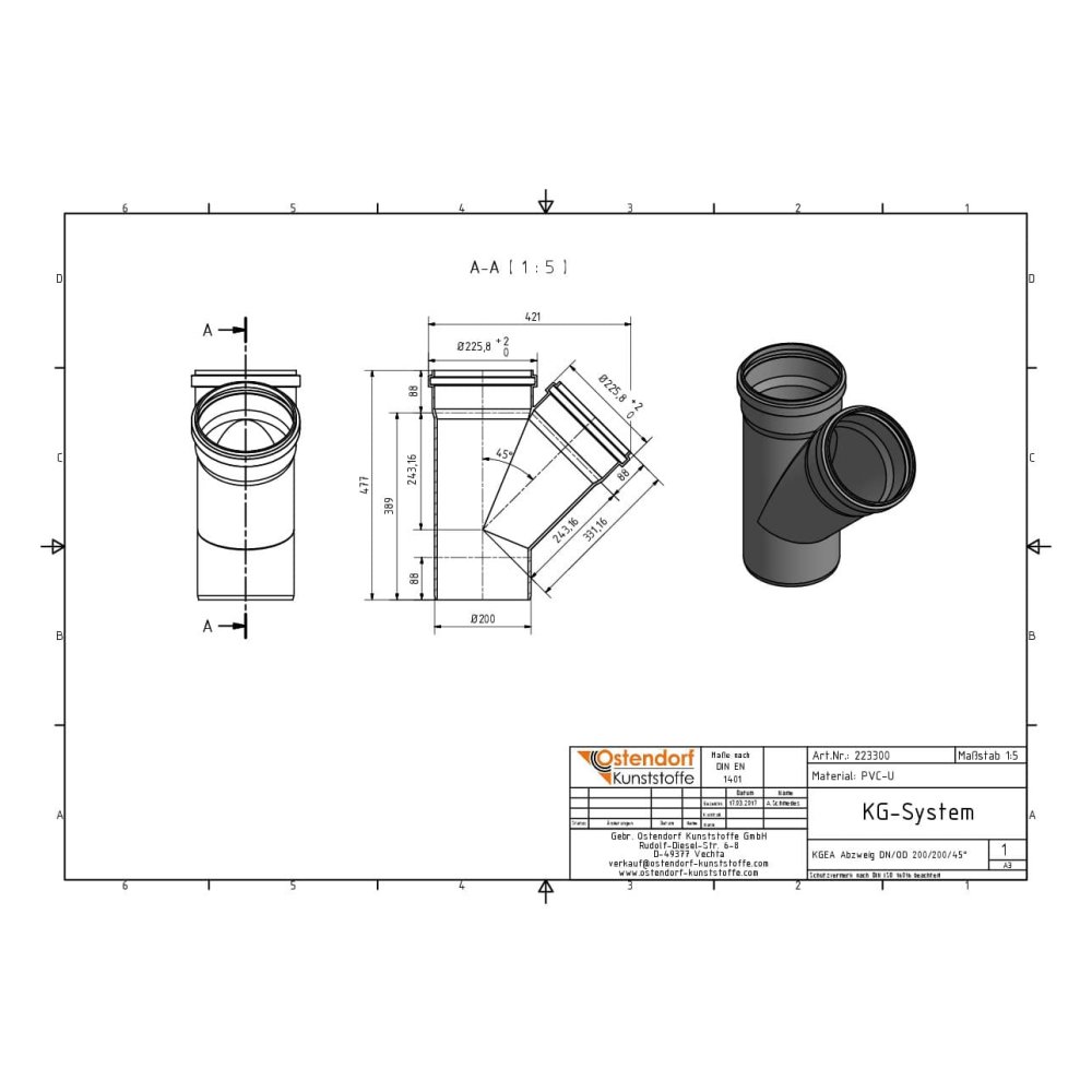 KGEA разклонение DN/OD 200/160 45 градуса-1